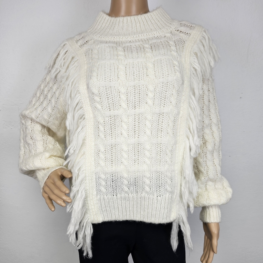 Altar'd State Sweater NEW Ivory Cable Knit Fringed Sz L Western Country Boho
